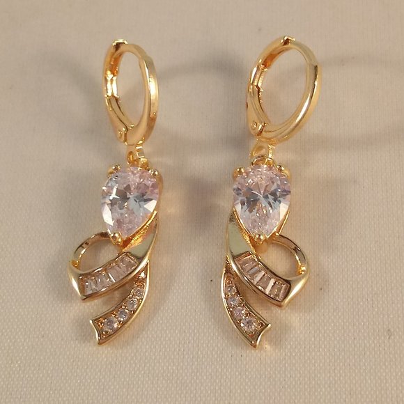 18K Yellow Gold Filled Flower Pear Diamond Zircon Dangle Earrings 1.75ctw ea. - Picture 2 of 4
